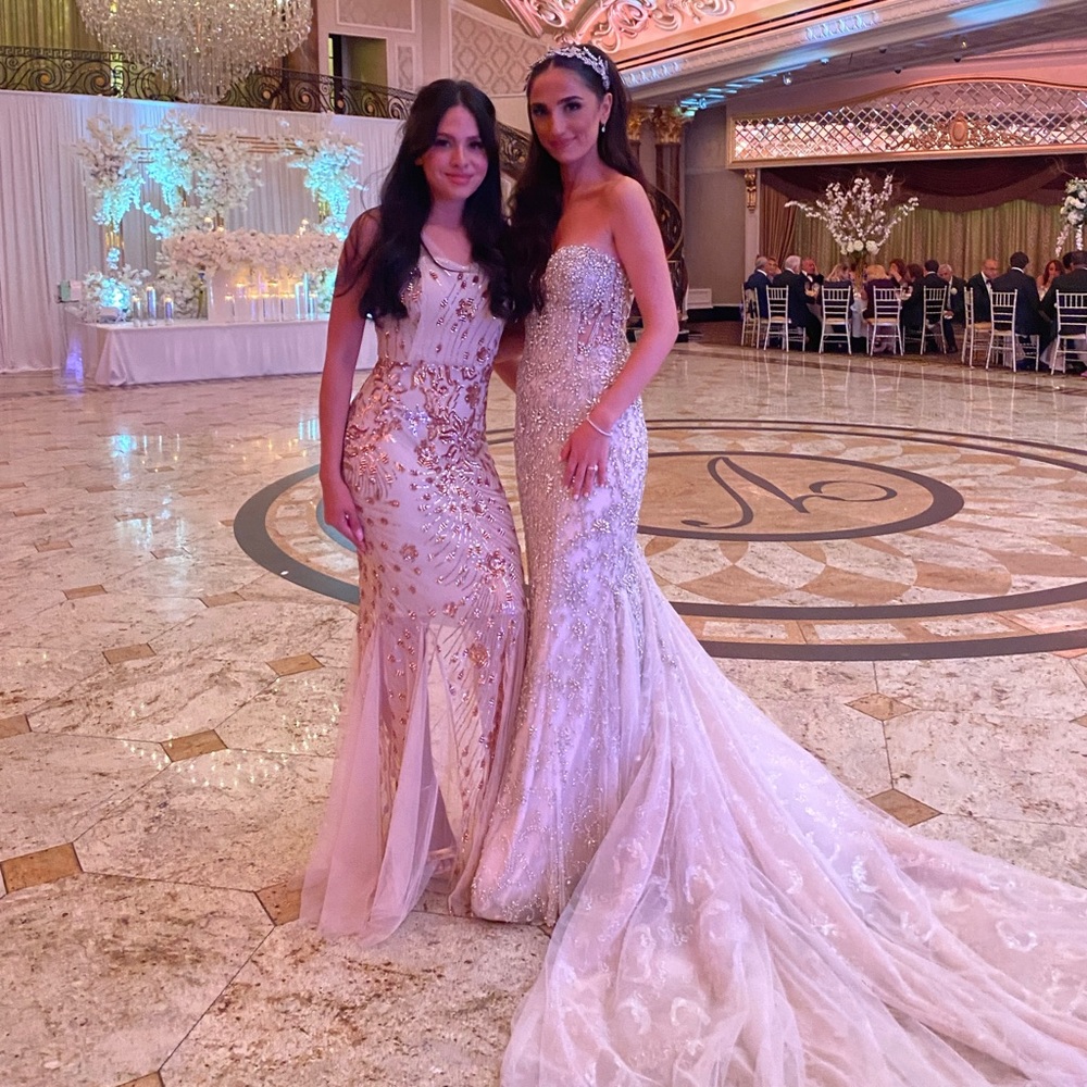 Stephen yearick bridal gown with galia lahav over skirt with a peep open back